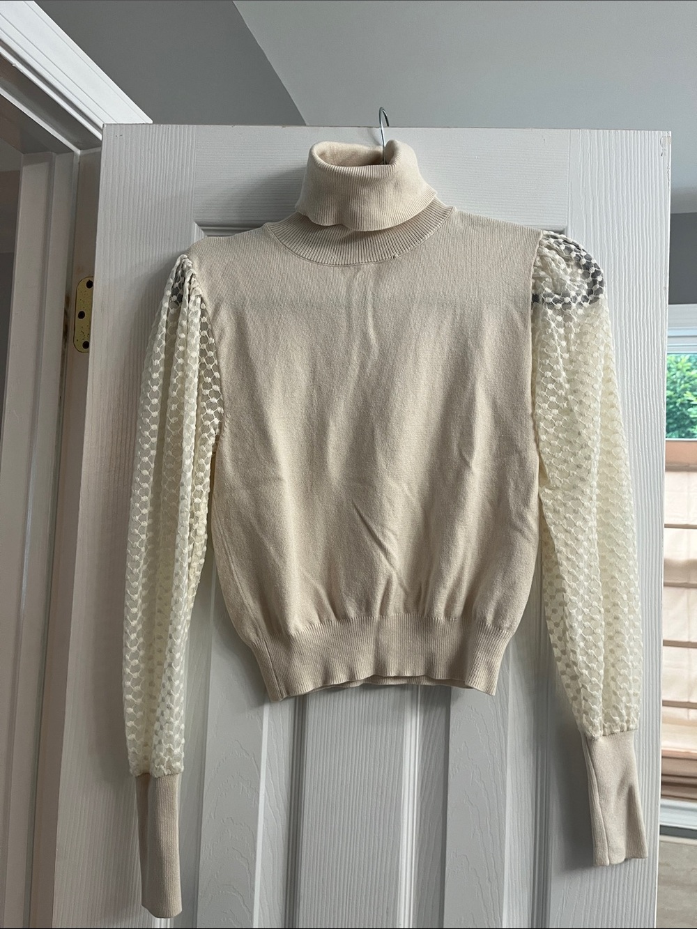 Cream Turtleneck Knit Top Sweater with Sheer Lace Sleeves